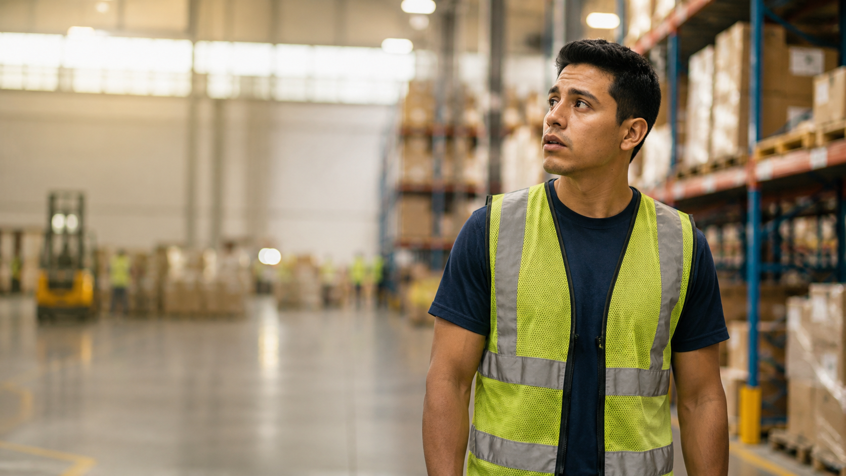 Carlos, recién llegado a Estados Unidos, escucha atentamente las instrucciones de su supervisor en un warehouse moderno