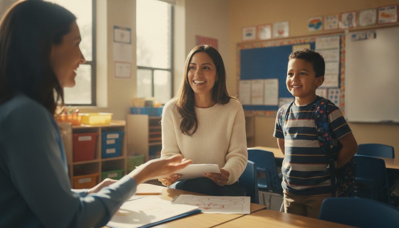 Una madre latina participa en una reunión con la profesora de su hijo dentro de una escuela estadounidense moderna