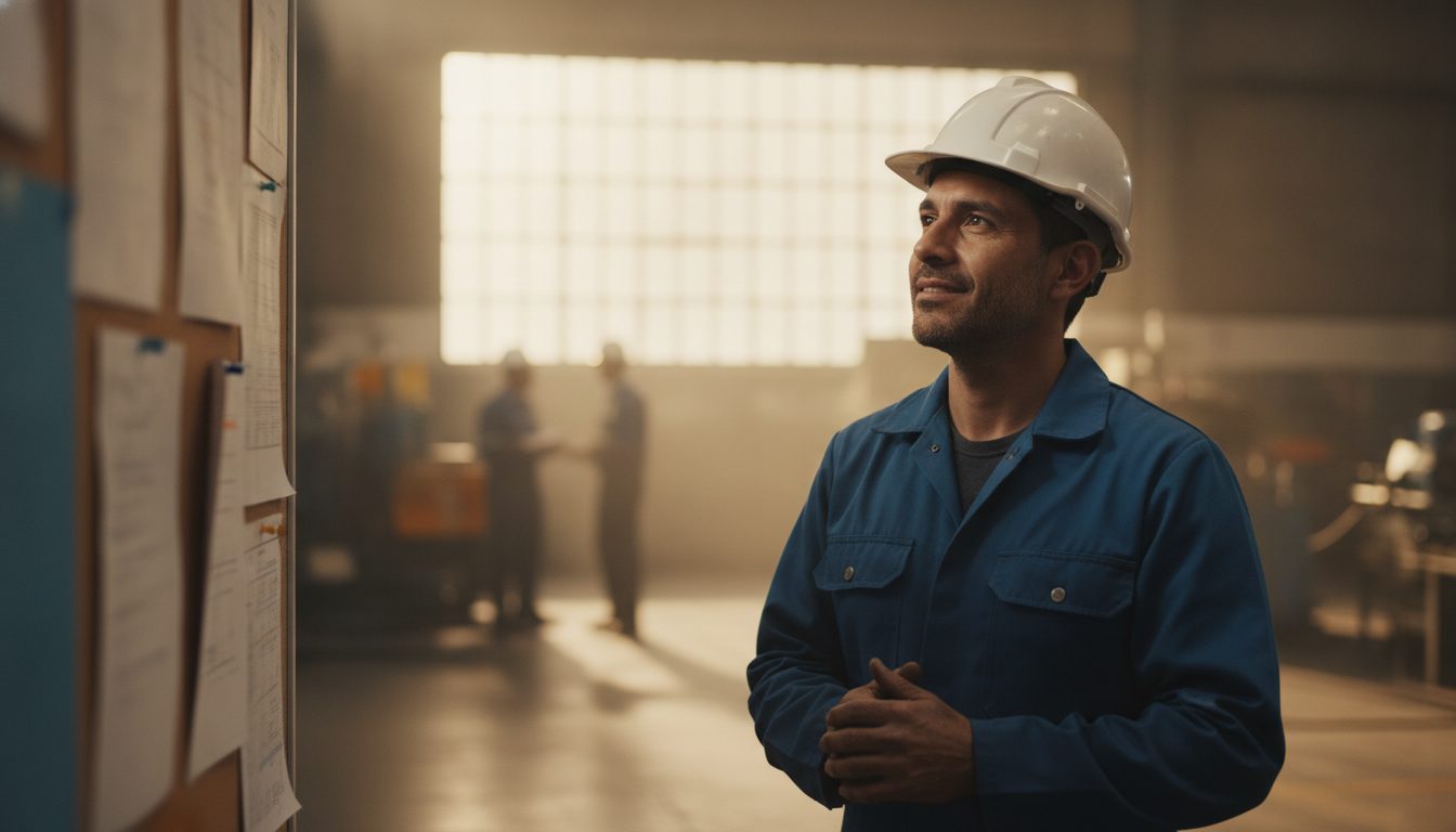 Pedro observa con determinación un tablero de promociones internas en una planta industrial moderna