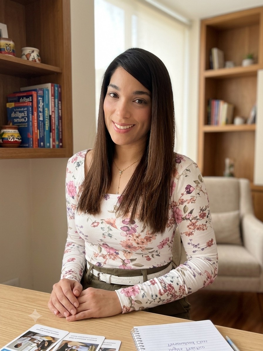 Laura, tu profe bilingüe, sonriendo en su oficina